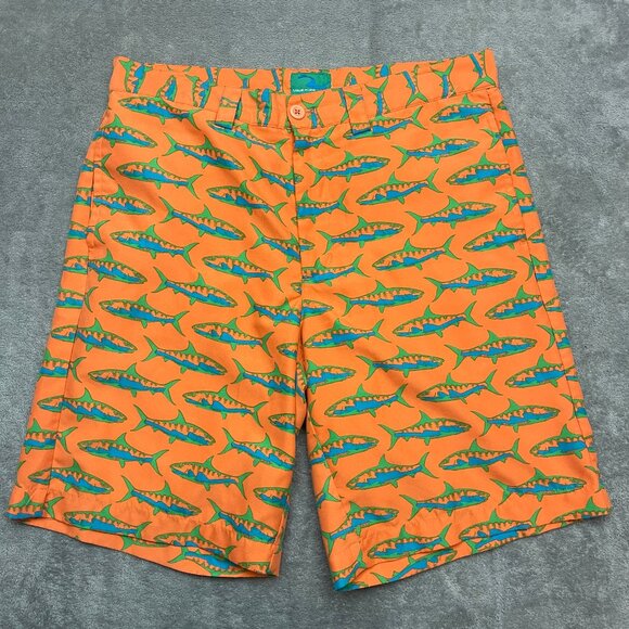Liquid Flow Orange Shorts with Fish Print Size: 34"W - Picture 1 of 10